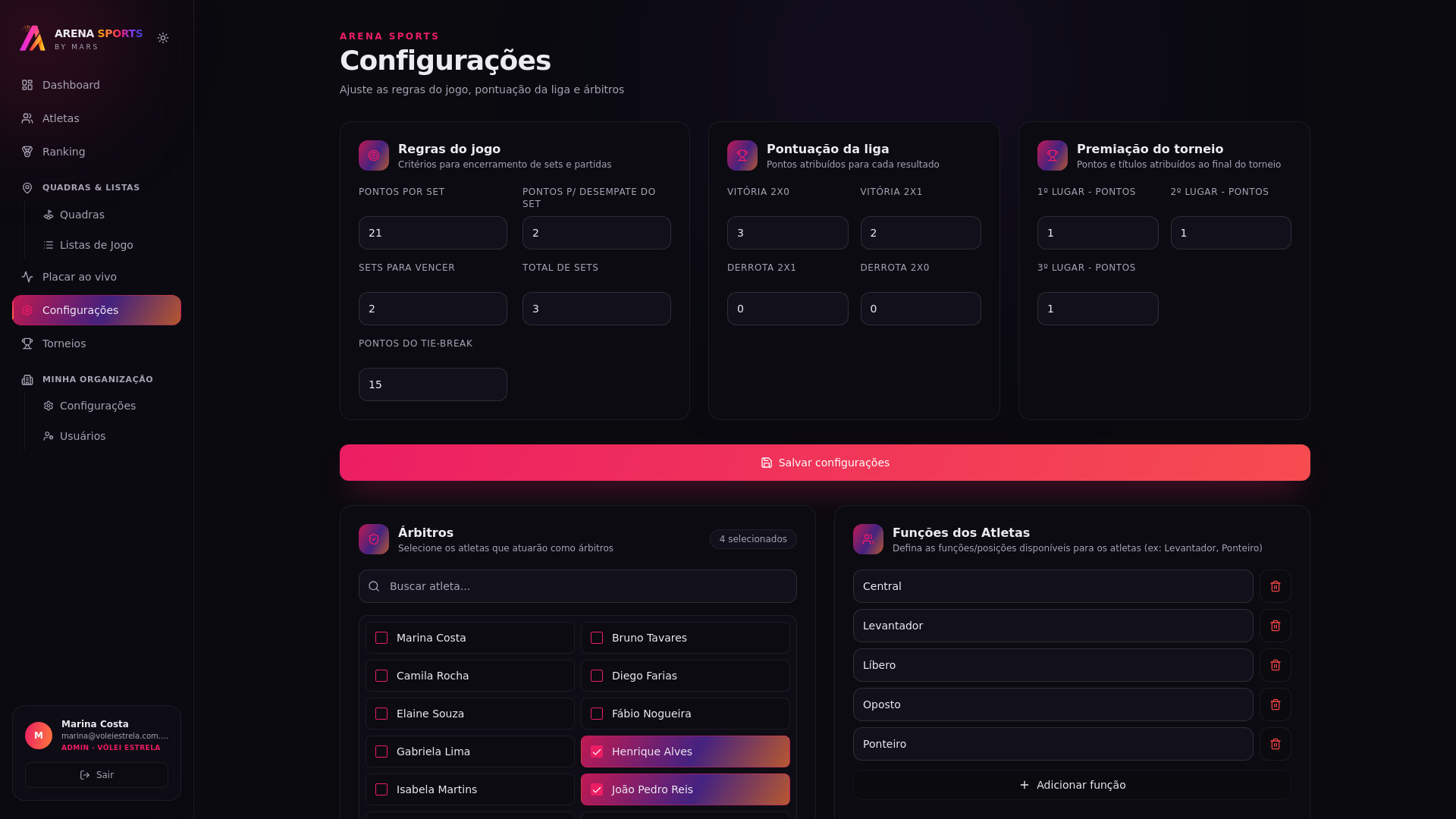 Configurações de regras e pontuação